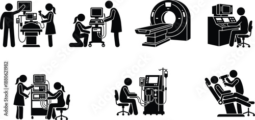 Medical healthcare diagnostic icons, hospital imaging procedures, surgery monitoring, radiology scan systems, patient treatment workflow, clinical technology silhouette illustration