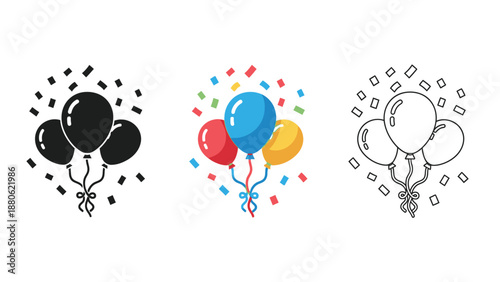 Three colorful balloon icons representing celebration and festive party elements displayed in three styles