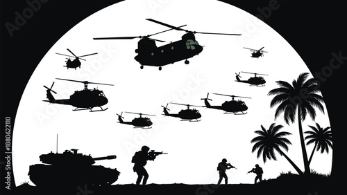 Military operation silhouette, helicopters flying, armed soldiers, jungle warfare, tank deployment, combat scene, war strategy, tropical battlefield, defense illustration, army mission