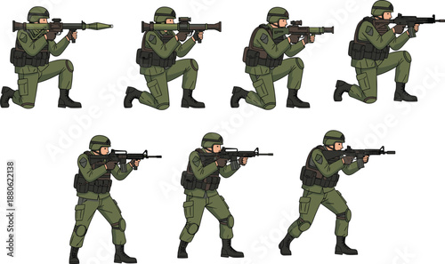 Military soldier illustration, combat stance, tactical gear, green uniform, firearm pose, kneeling position, standing fighter, war zone, army character, defense action