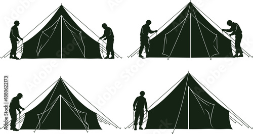 Military soldiers setting up army tents silhouette illustration, camping shelter assembly sequence, outdoor survival, tactical field operations concept