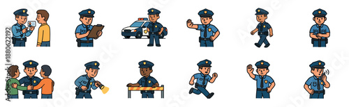 Diverse cartoon police officer character set illustrating various law enforcement duties like traffic control, patrolling, writing tickets, and interacting with the public