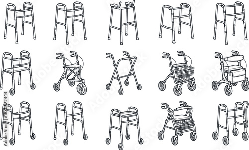 Mobility aid silhouettes, walkers, rollators, medical equipment, assistive devices, wheeled support, elderly care, rehabilitation, black icons, healthcare illustration