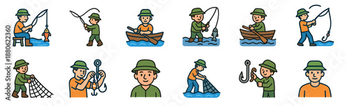 Set of colorful fishing icons showing a cartoon fisherman character with a rod, boat, net, and fish, illustrating various angling activities and equipment in a simple line art style