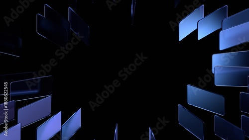 Glass objects are arranged in a structure and organized in a circle on a black background, 3d render