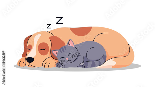 Cute illustration of a friendly dog and a small striped cat sleeping peacefully together side by side