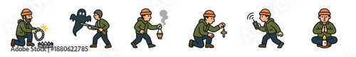 Collection of six cartoon character icons showing a ghost hunter in different poses with paranormal investigation equipment like a trap, rifle, censer, cross, and detector