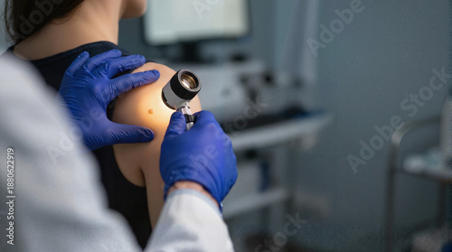 Dermatologist examining mole on female patient shoulder using dermatoscope in clinical setting. Endoscopy camera equipment