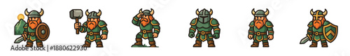 Set of six cartoon viking warrior characters in green armor with horned helmets, holding weapons like a sword, shield, and hammer for a fantasy game animation sprite sheet