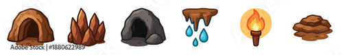 Set of cartoon prehistoric cave exploration assets with a rock entrance, stalagmites, a flaming torch, dripping water, and stones for a fantasy video game UI