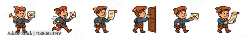 Cartoon historical postman character set showing a mail delivery process, with the messenger running, knocking on a door, and holding a letter or scroll