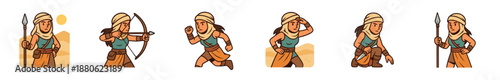 Female desert warrior character set illustration showing various poses like running, aiming a bow, scouting, and holding a spear, designed in a simple cartoon style for a video game