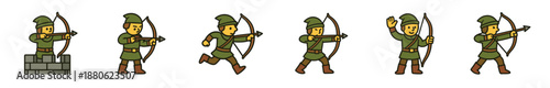 Set of six medieval archer character icons in green costumes with various poses including aiming a bow, running, and waving, depicted in a simple cartoon style