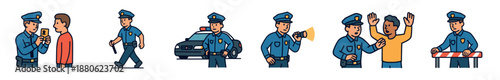 Set of police officer cartoon illustrations showing various law enforcement duties like patrolling, arresting a suspect, checking documents, and standing by a police car