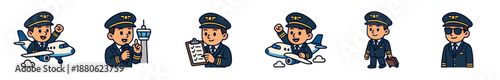 Set of cute cartoon airline pilot characters in various professional poses, including flying an airplane, holding a checklist, walking with luggage, and standing by a control tower