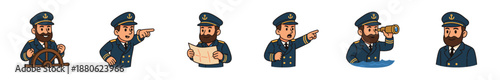 Charming set of cartoon ship captain characters in various poses, including steering a helm, pointing, navigating with a map, and looking through a spyglass