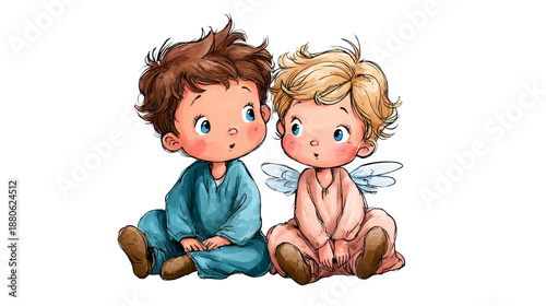 isolated image, transparent background. Two adorable children sitting together, one with angel wings, in colorful pajamas, expressing curiosity and innocence in a playful illustration