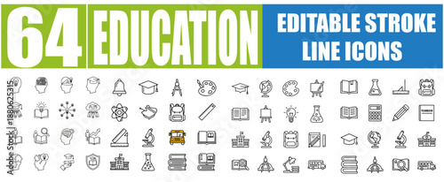 Set of 64 Outline Icons Related to Education - Linear Icon Collection with Editable Stroke for Vector Illustration 