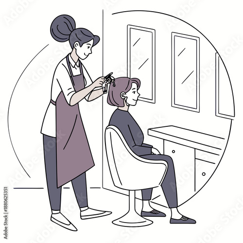 Female hair stylist cutting hair in a beauty salon, flat vector illustration for hair care and professional grooming services.