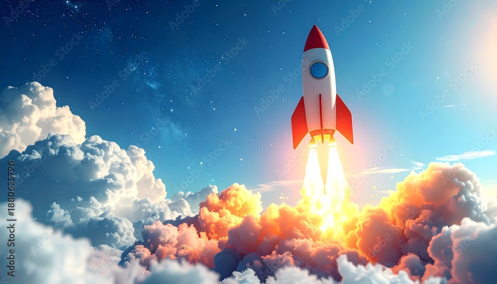 Fototapeta premium Cartoon rocket with red fins launching into starry blue sky with flames and clouds in playful composition