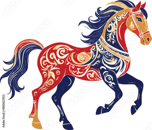 red, gold, white, blue colors, Chinese zodiac Horse symbol. Hieroglyphics symbol of the Horse