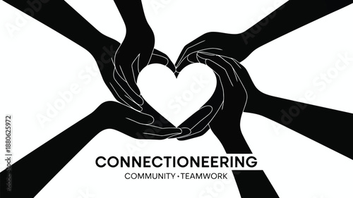 Four outlined hands in black forming a central white heart shape on a clean white background with text