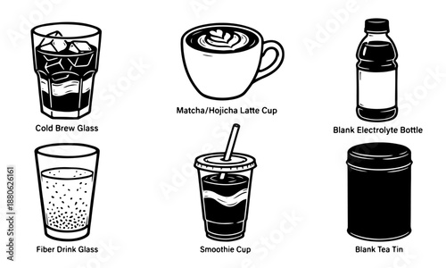 Modern Beverage Icons Set: Cold Brew, Latte, Smoothie, and Drink Packaging