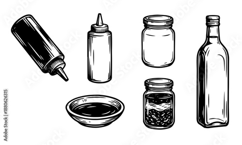 Vintage Sauce and Condiment Bottles and Jars Set Engraving Illustration
