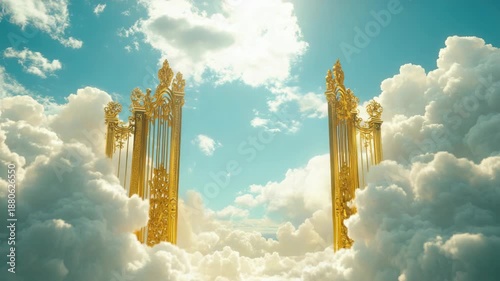 The sky is blue and cloudy. There are two golden gates in the clouds. The gates are open