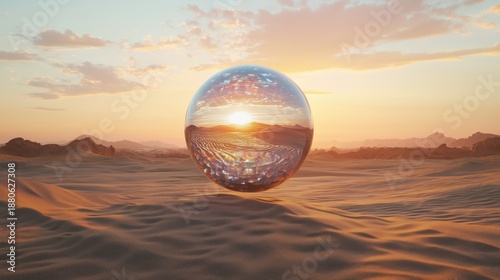 Reflective Sphere in Desert Landscape at Sunset with Colorful Clouds