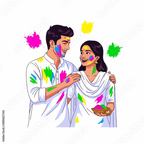 Smiling Indian couple in traditional white attire, celebrating Holi with colorful powder on faces and clothes