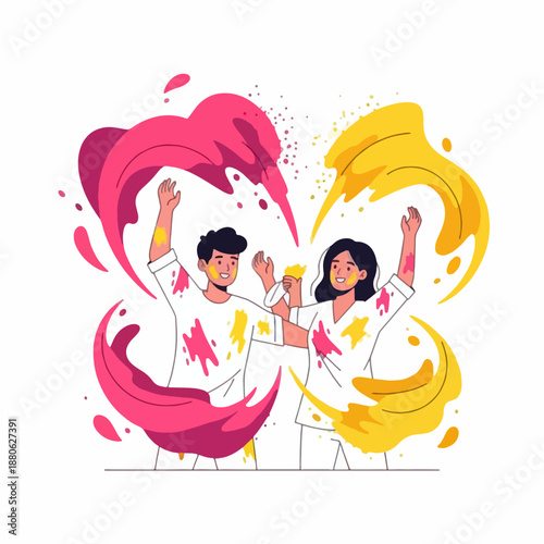 Happy couple celebrating Holi with swirling pink and yellow powder clouds, a symbol of joy and connection