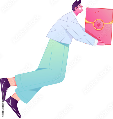 Vector flat gradient illustration of a character holding a red envelope and celebrating Chinese New Year.
