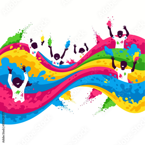 Joyful people playing with colors during Holi festival, illustration with flowing color waves