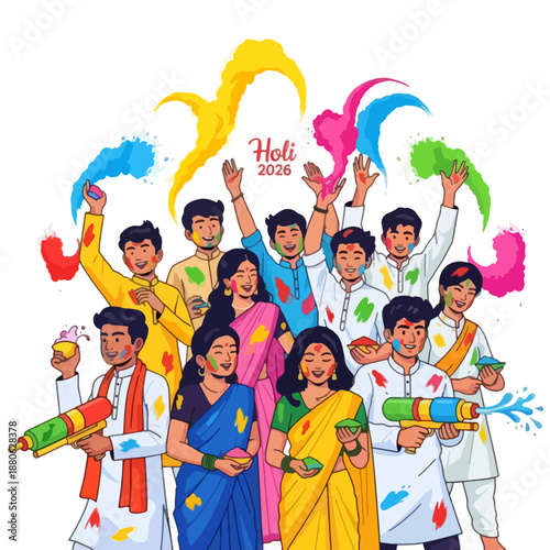 Diverse group of friends celebrating Holi with colorful powder guns and smiles