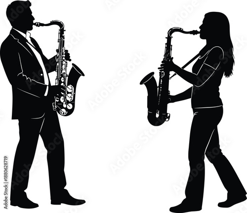 Male and female saxophone player silhouettes facing each other performing jazz duet music concert isolated on white background
