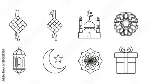 Islamic Holiday Icons: Ketupat, Mosque, Moon, Star, Lantern, Gift, Geometric Pattern