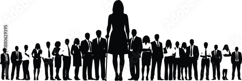 Confident female business leader standing before diverse corporate team silhouettes representing leadership success authority teamwork ambition and professional career growth