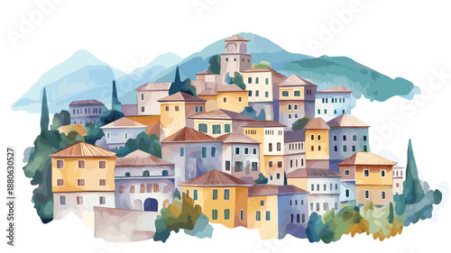 Gjirokaster Old Town. Gjirokaster Old Town watercolor vector illustration