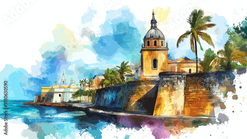 Old San Juan. Old San Juan hand drawn watercolor illustration