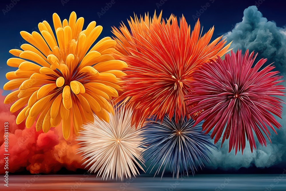 Obraz premium Colorful fireworks explode over a dark night sky in vibrant orange, red, white and blue bursts
