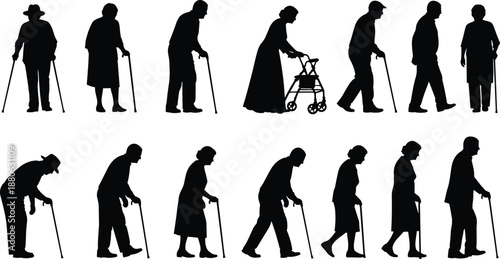 Black silhouette elderly people walking with cane and walker aging process healthcare mobility vector illustration set isolated white