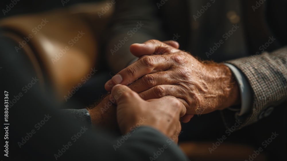 Obraz premium A young person comforting an older senior man by holding his hands. Concept of empathy, support, and family connection