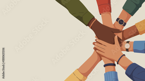 People from diverse backgrounds stacking their hands together symbolizing strong unity and collaboration