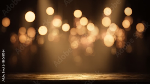 Warm spotlight stage with blurred golden bokeh lights