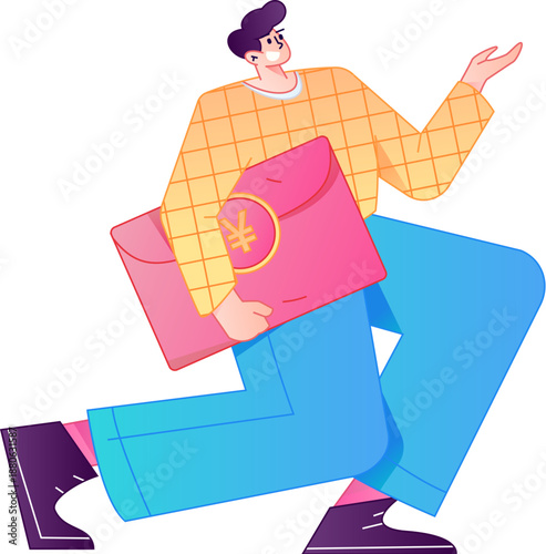 Vector flat gradient illustration of a character holding a red envelope and celebrating Chinese New Year.
