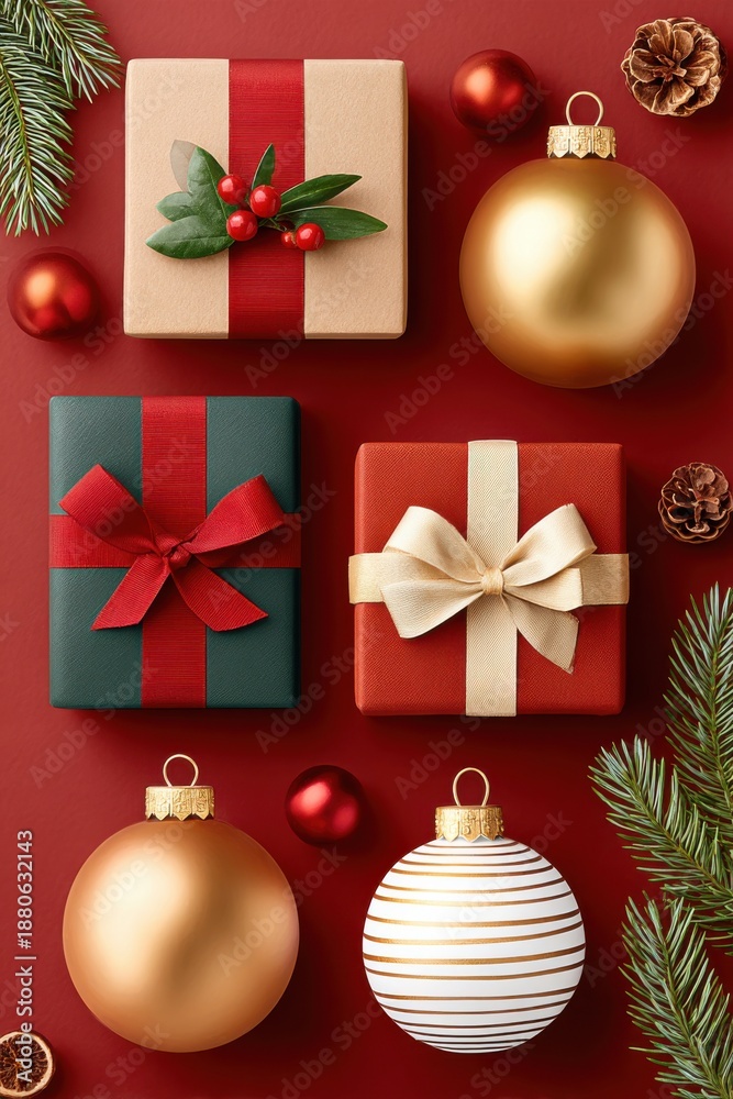 Obraz premium Festive Christmas gift boxes with ribbons, ornaments, and pine branches on a red background