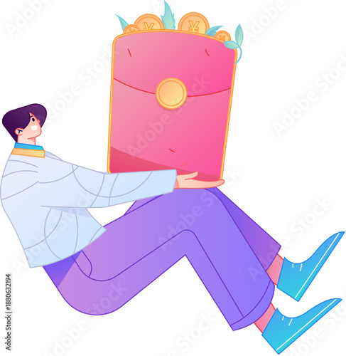Vector flat gradient illustration of a character holding a red envelope and celebrating Chinese New Year.
