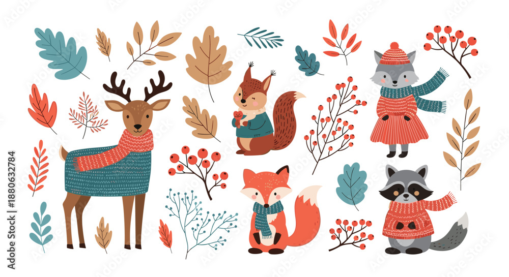 Fototapeta premium Beautiful collection of woodland animals like deer, fox, and raccoon dressed in warm knitted sweaters for the autumn season.