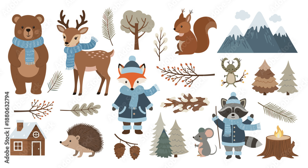 Obraz premium Detailed set of cozy winter forest graphics featuring animals like a bear and deer wearing blue scarves in a snowy landscape.